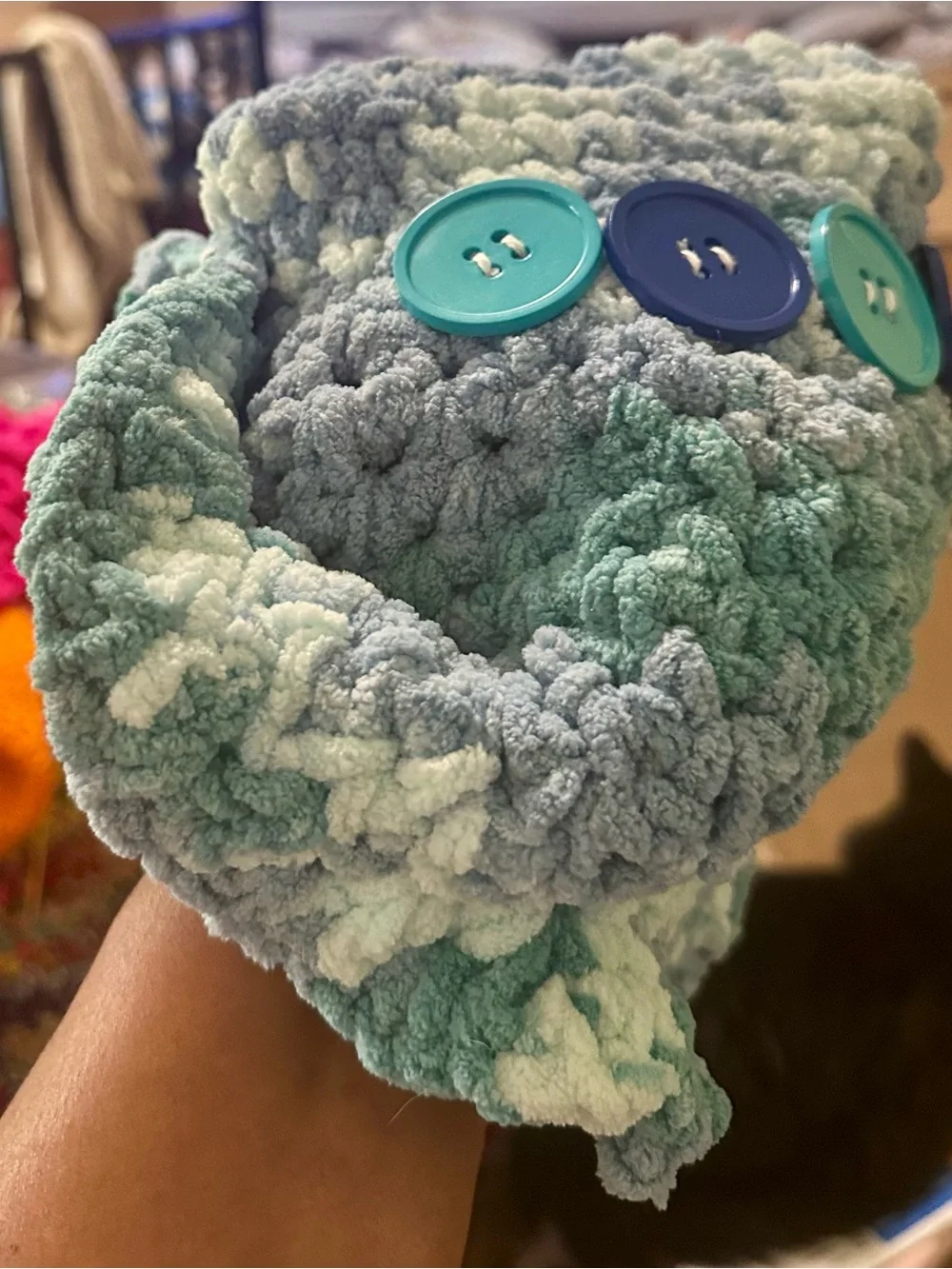 Chunky Knit Peace Sign Bucket Hat Variegated Aqua Blue Marled Festival